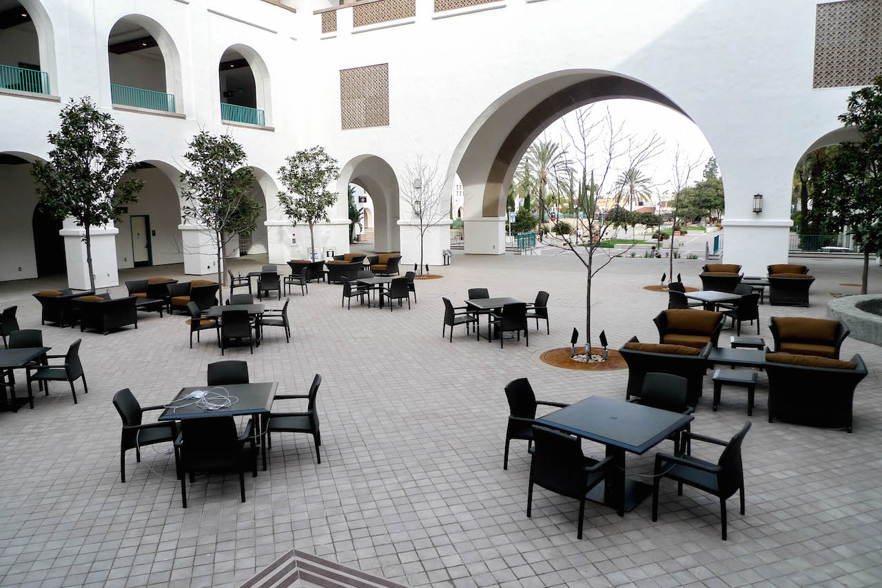 SDSU Conrad Prebys Aztec Center Student Union courtyard, furniture design by ID Studios