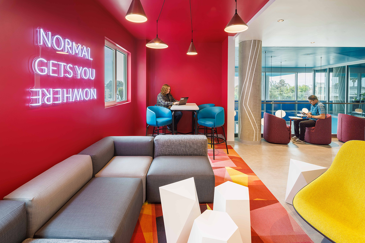 brightly colored seating and collaboration at Topaz student apartment complex near San Diego State University on Montezuma Road